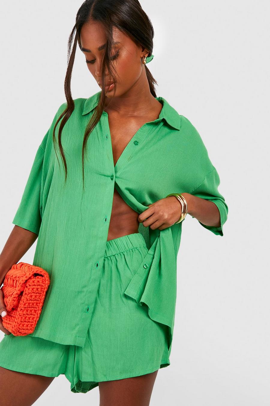 Bright green Crinkle Short Sleeved Shirt, Shorts & Scrunchie Set  image number 1
