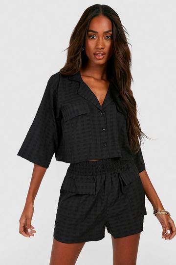 Black Premium Textured Pocket Detail Crop Shirt & Shorts