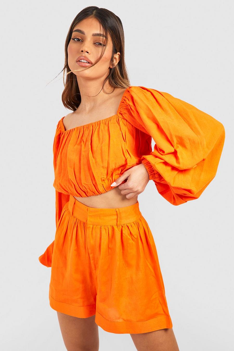 Orange Geplooide Linnen Look Crop Top Met Volle Mouwen En Shorts