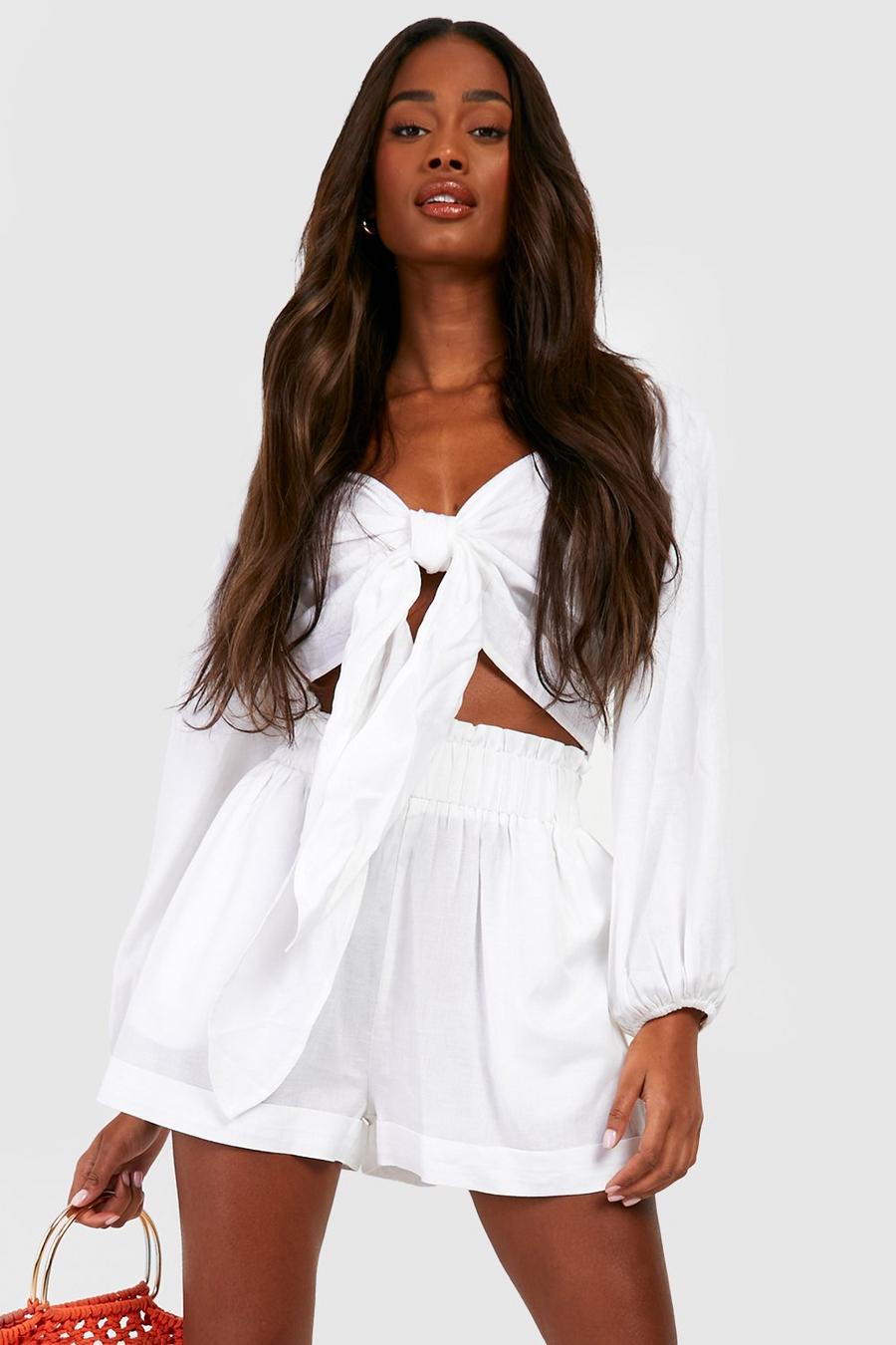 Ivory white Linen Look Knot Crop & Paperbag Waist Shorts