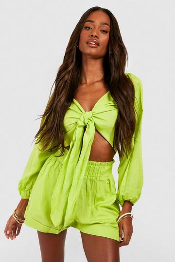 Linen Look Knot Crop & Paperbag Waist Shorts lime