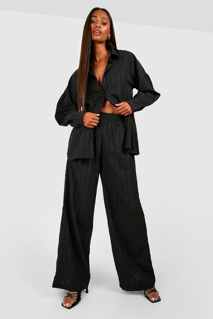 Black Seersucker Relaxed Fit Shirt & Wide Leg Trousers  image number 1