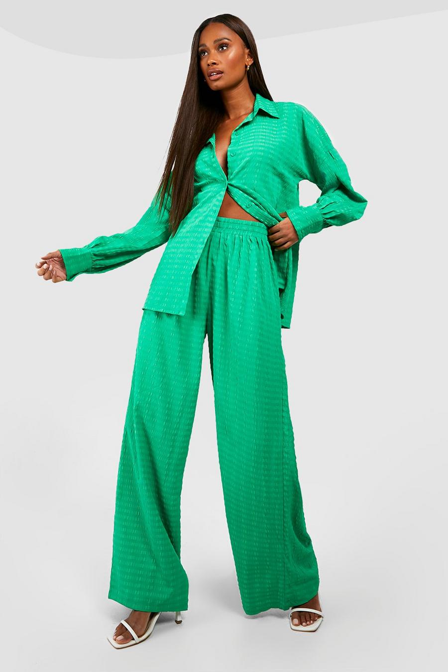 Bright green Seersucker Relaxed Fit Shirt & Wide Leg Trousers  image number 1