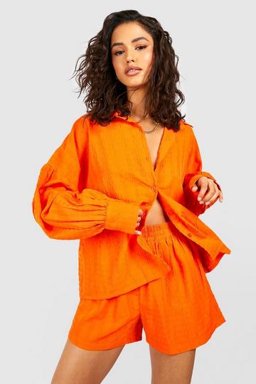 Seersucker Relaxed Fit Shirt & Shorts Set orange