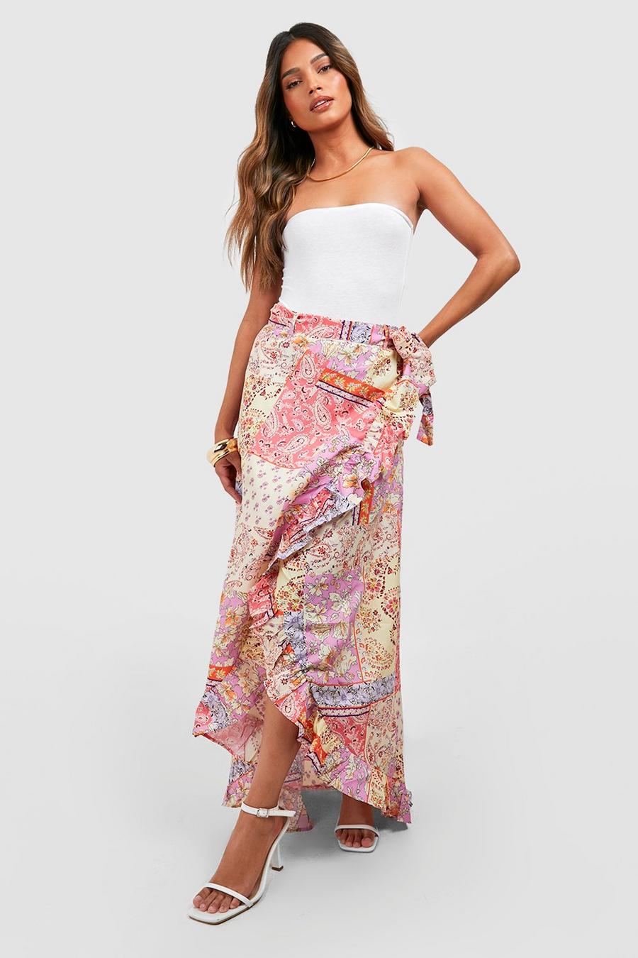 Lilac Paisley Print Ruffle Hem Wrap Front Maxi Skirt