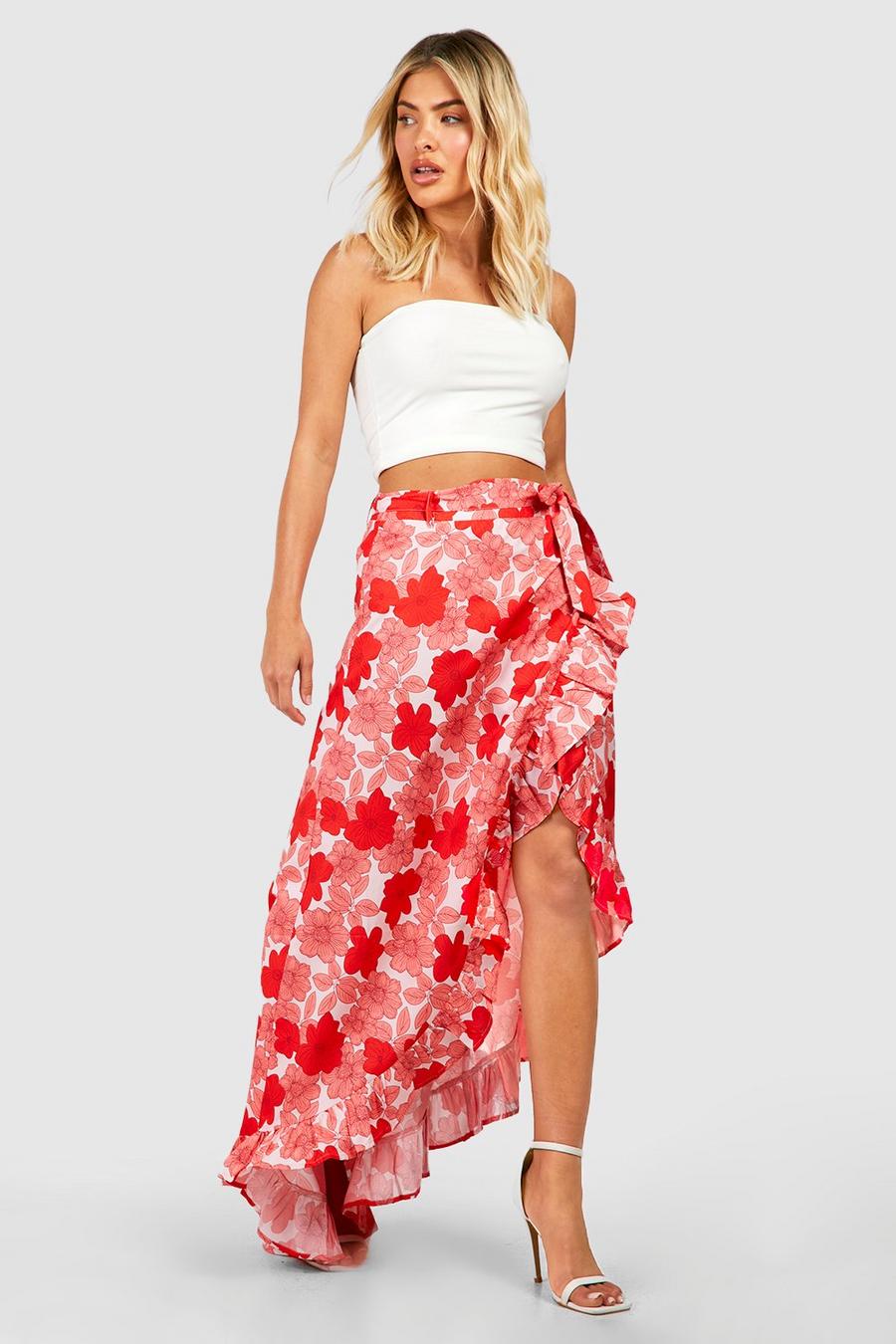Pink Floral Ruffle Hem Wrap Front Maxi Skirt