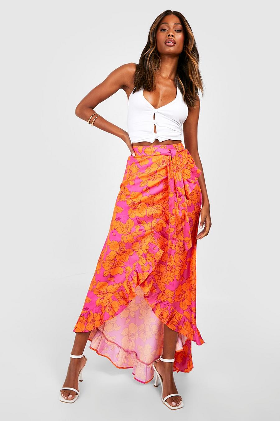Orange Floral Ruffle Hem Wrap Front Maxi Skirt image number 1