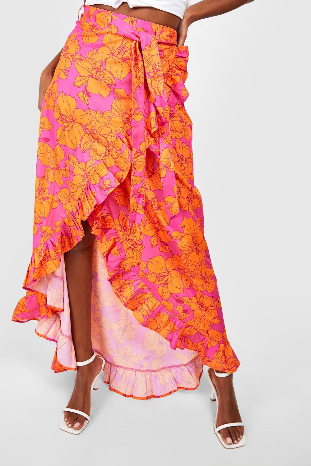 PRINT WRAP SKIRT in Coral Multi, VENUS