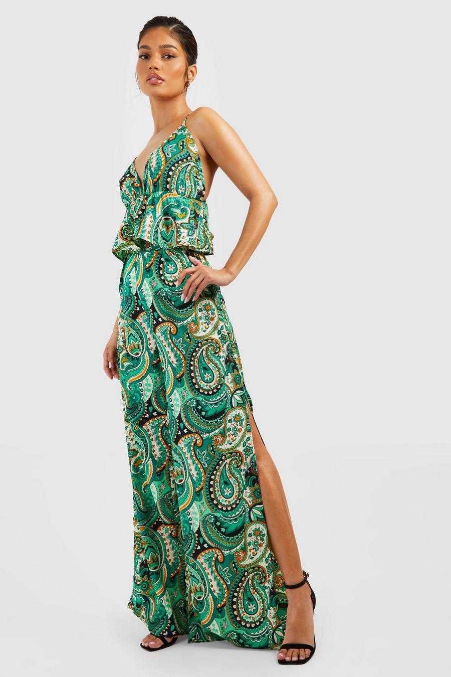 Bright green Paisley Print Split Side Wide Leg Trousers image number 1