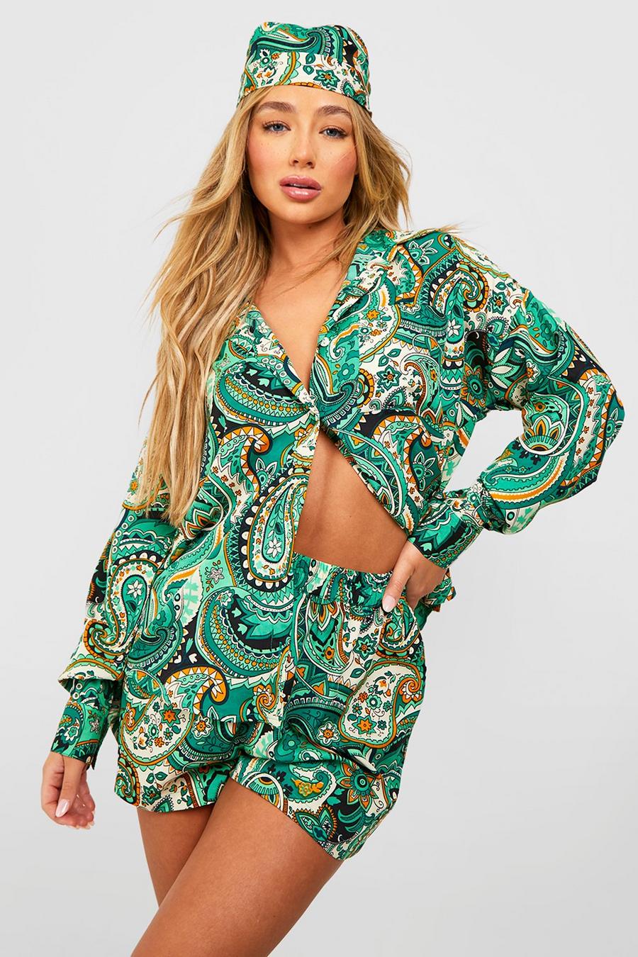 Bright green Paisley Print Relaxed Fit Shirt, Shorts & Headscarf image number 1