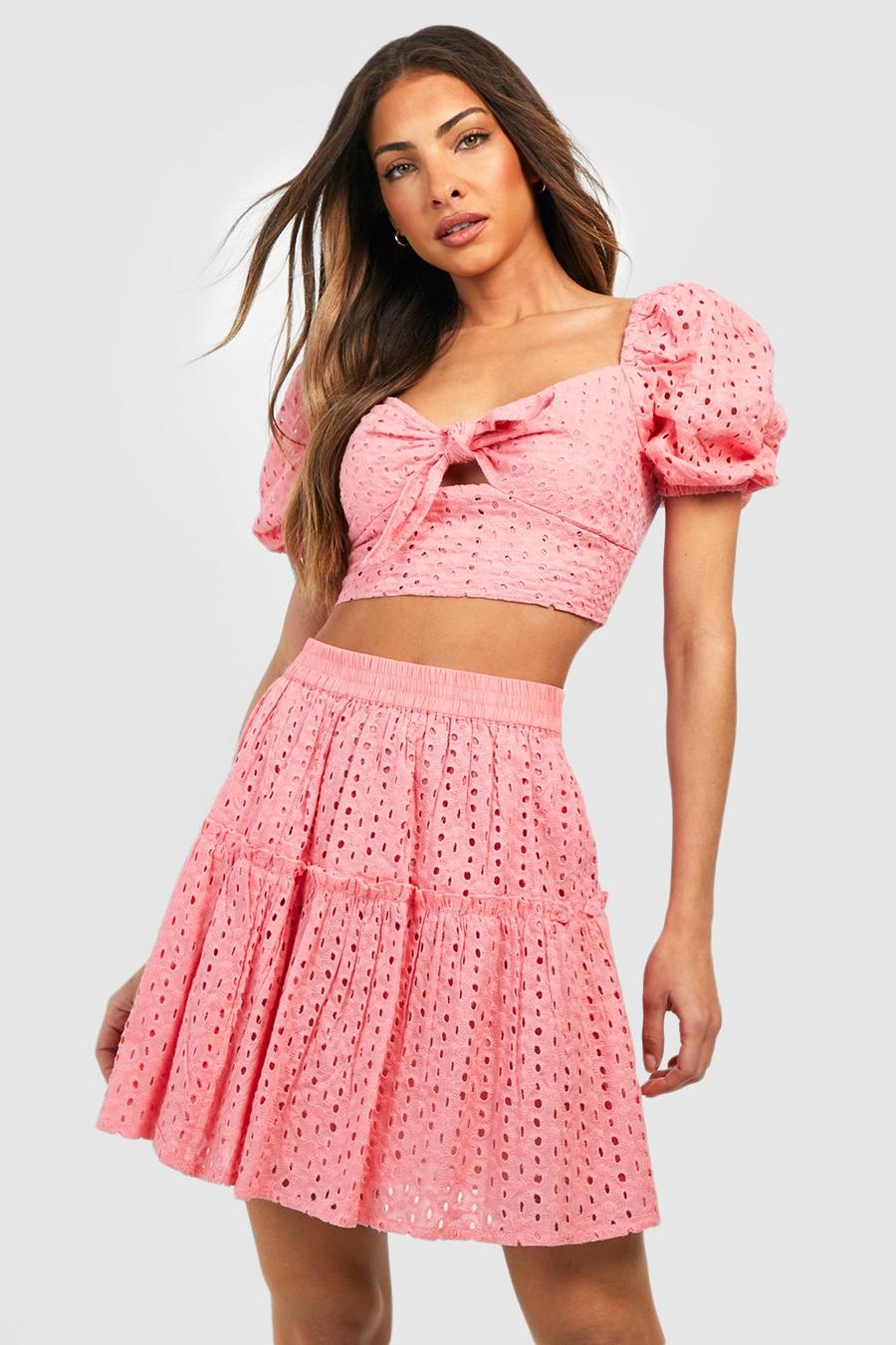 Coral Eyelet Sweetheart Tie Front Crop & Mini Skirt image number 1