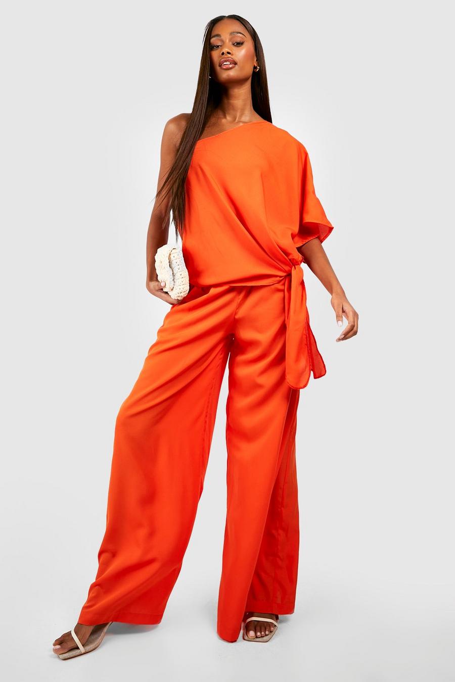 Orange Drape Knot Side Top & Wide Leg Palazzo Pants