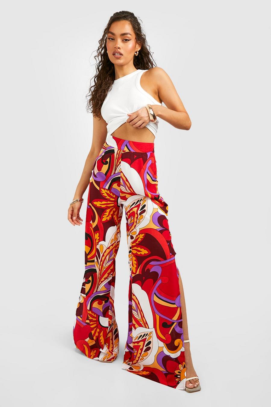 Purple Abstract Print Split Side Wide Leg Trousers  image number 1