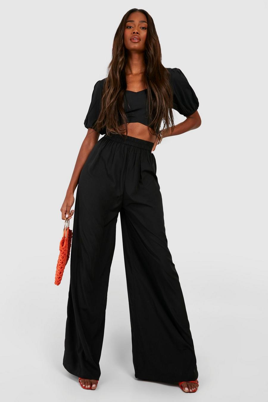 Black Pleat Front Wide Leg Palazzo Pants image number 1