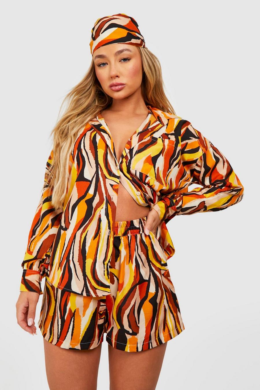 Spice orange Abstract Print Relaxed Fit Shirt, Shorts & Headscarf