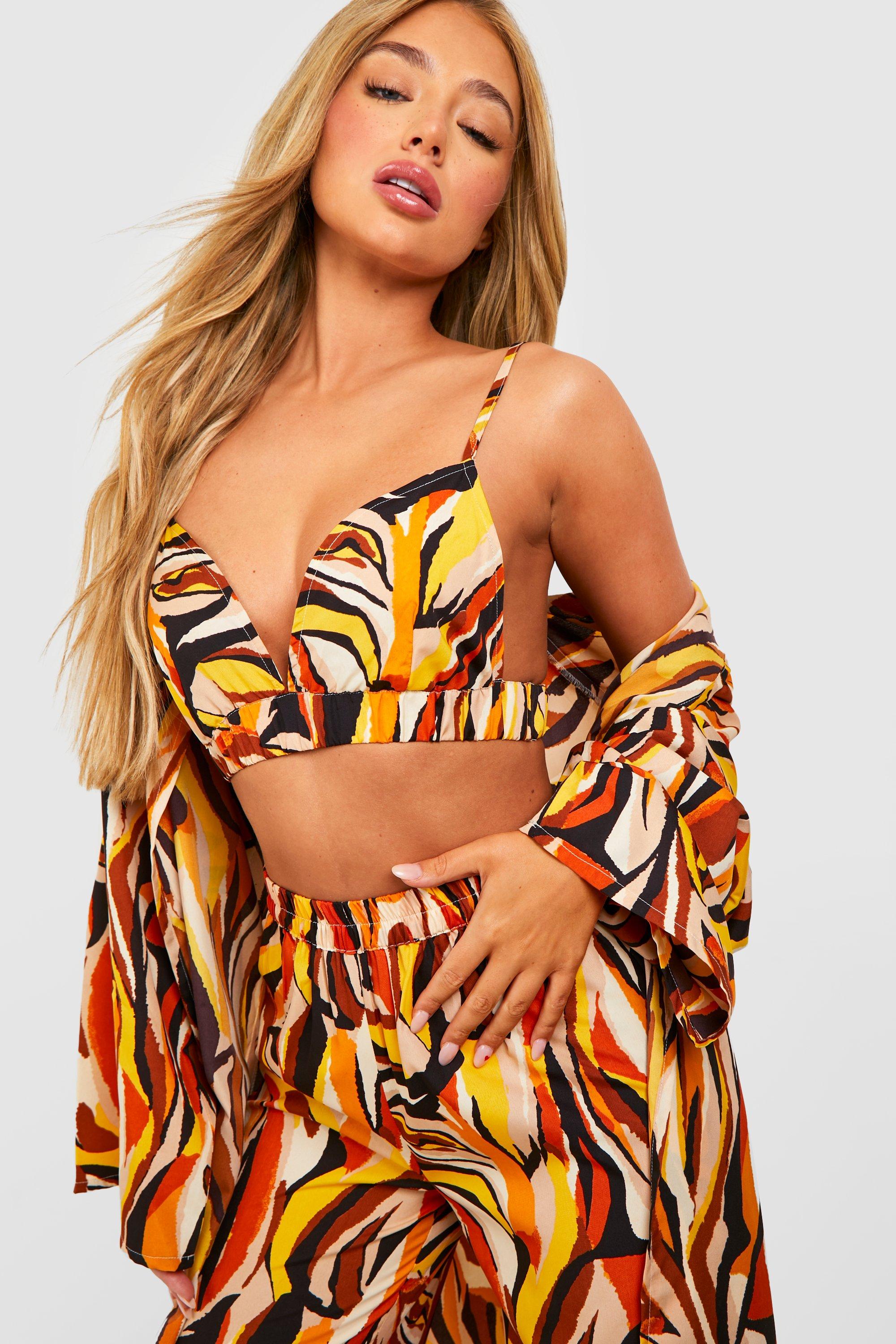 Abstract Print Kimono, Bralette & Wide Leg Pants