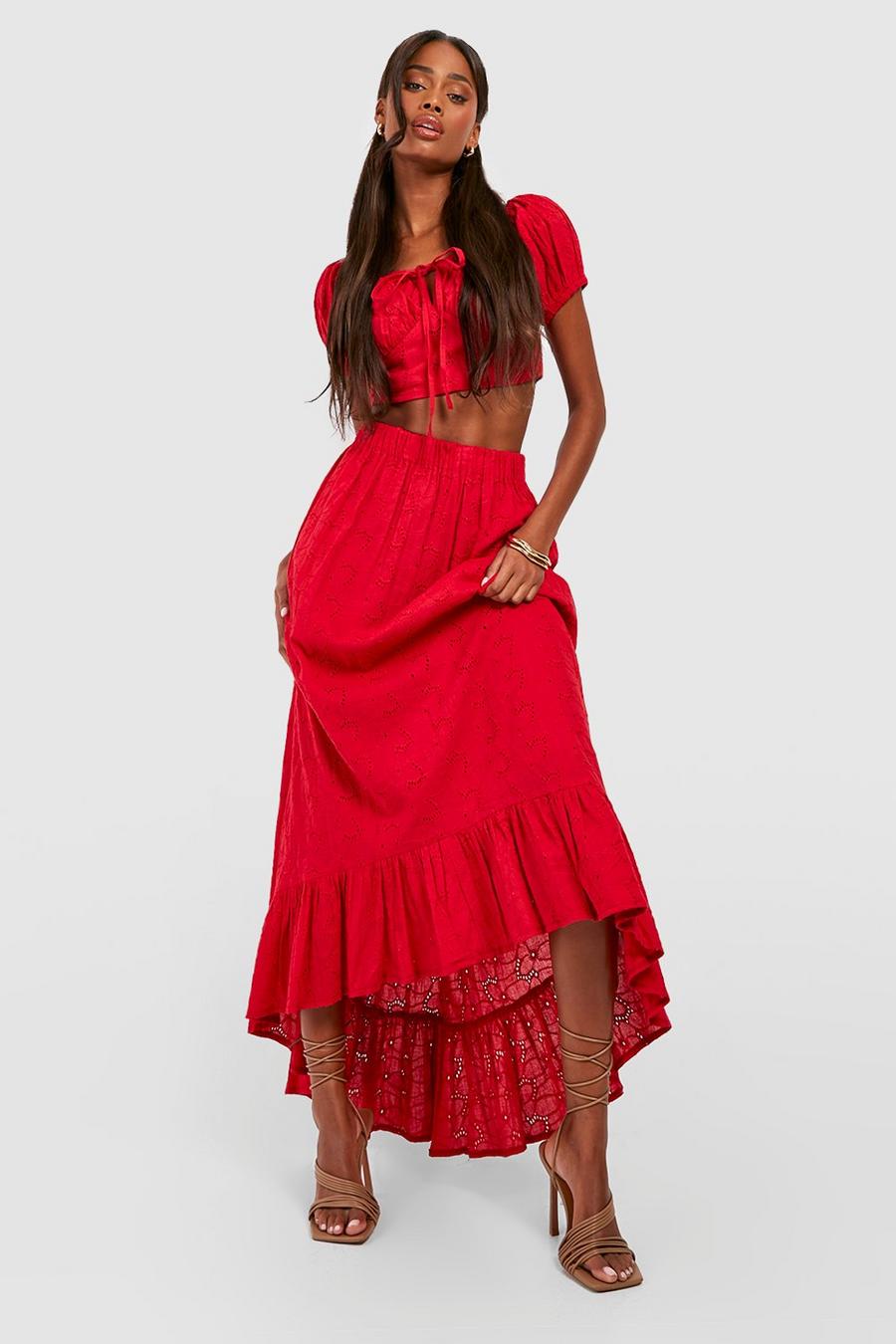 Red Broderie Dipped Hem Maxi Skirt  image number 1