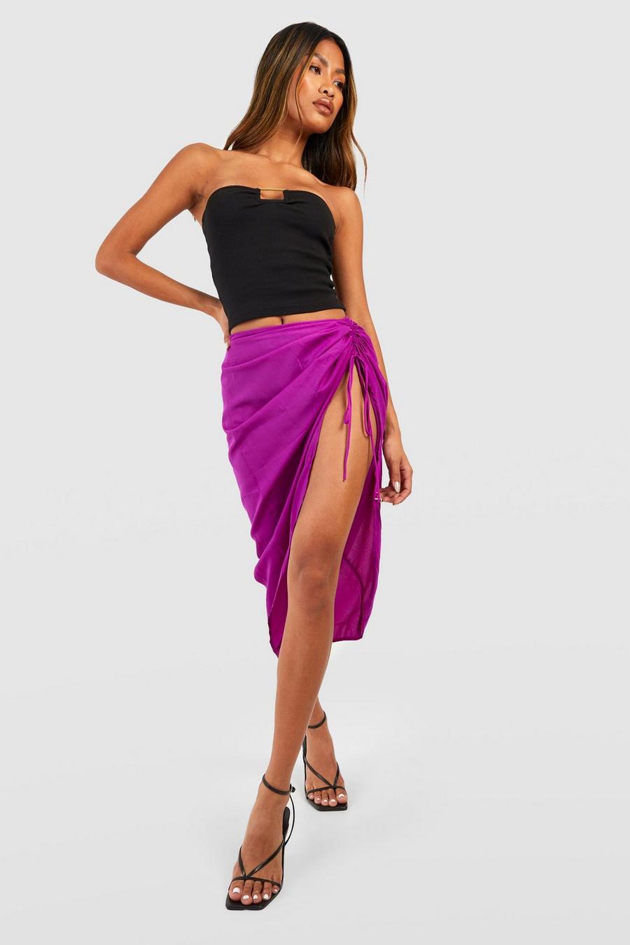 Purple Ruched Split Side Midi Skirt image number 1
