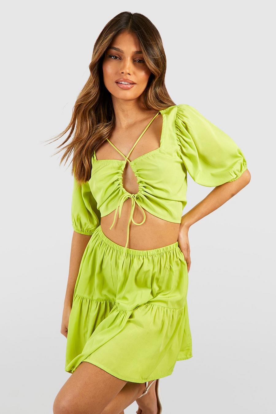 Chartreuse Strappy Sweetheart Bralette & Mini Skirt  image number 1