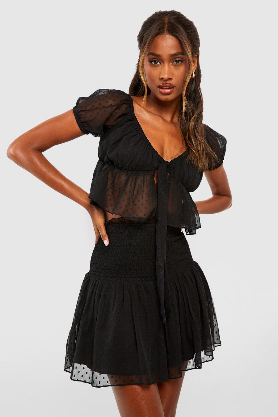 Black Dobby Mesh Tie Front Crop & Shirred Mini Skirt image number 1