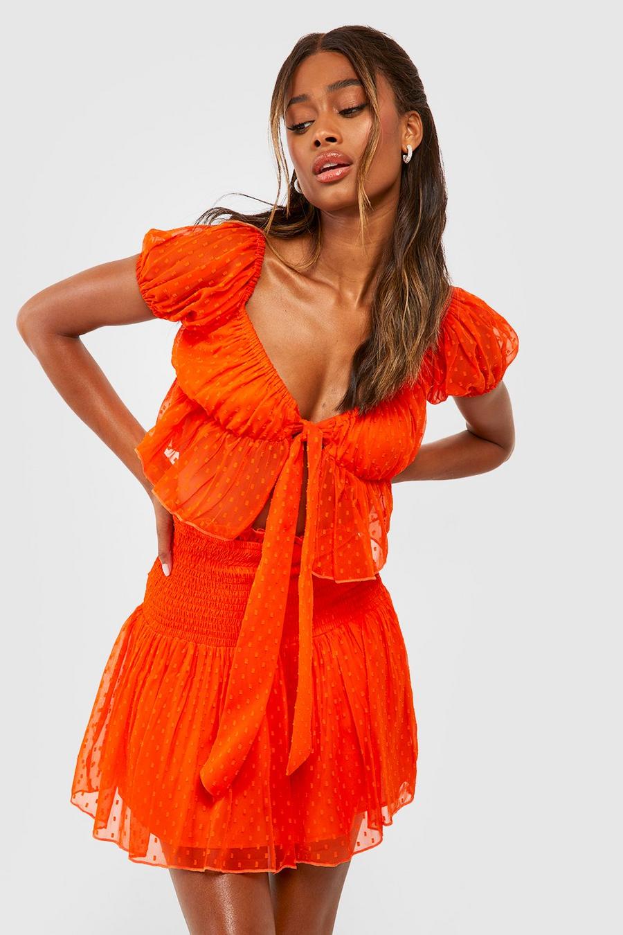 Orange Dobby Mesh Knot Front Crop & Shirred Mini Skirt image number 1