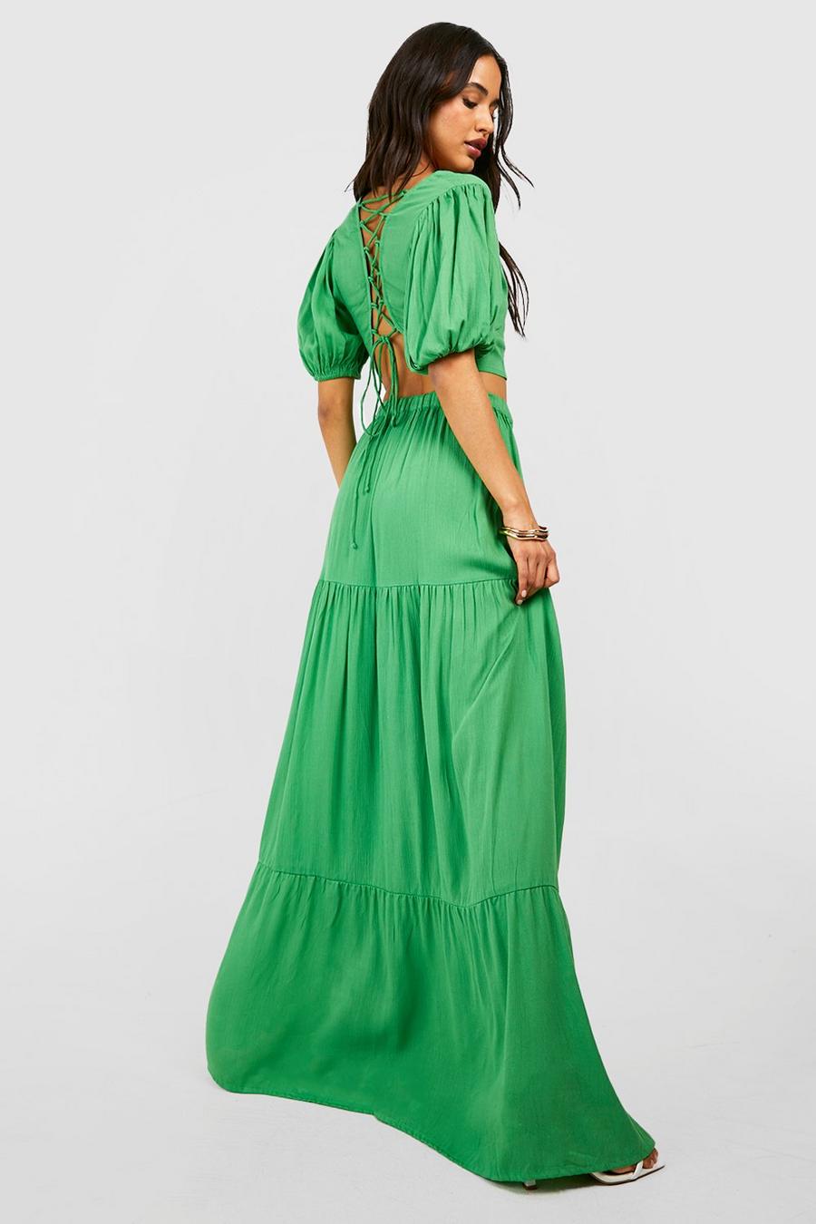 Bright green Crinkle Open Back Puff Sleeve Crop & Maxi 