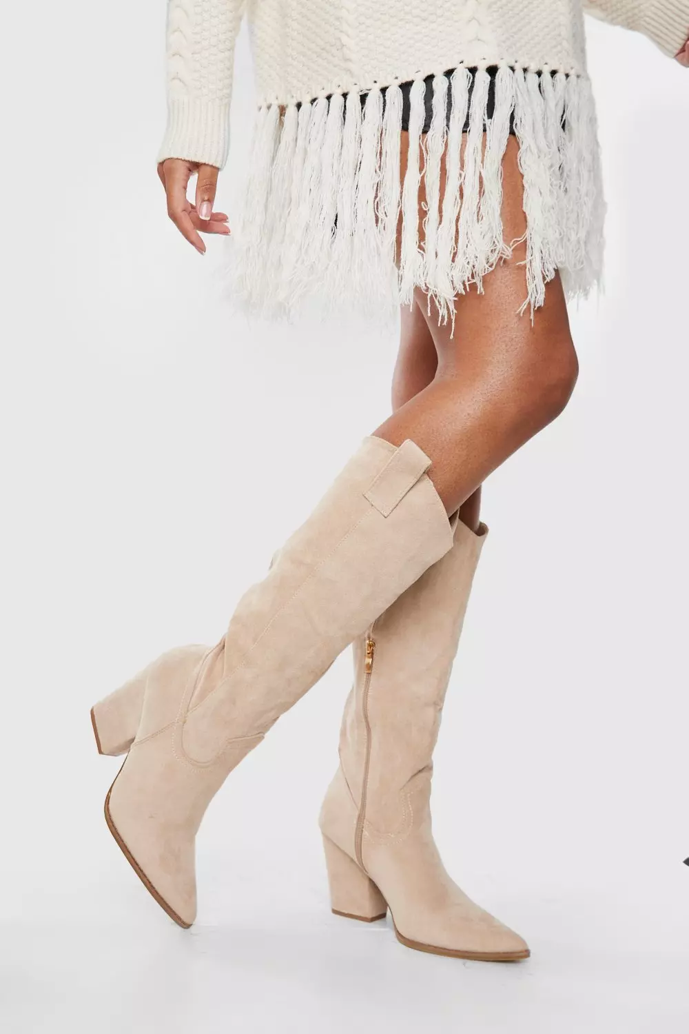 Beige knee high boots outfit deals