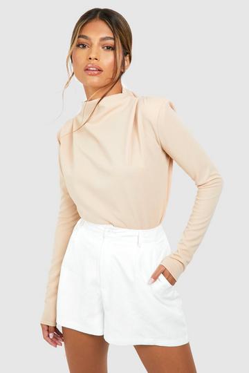 Crêpe Blouse Met Hoge Hals, Lange Mouwen En Schouderpads stone