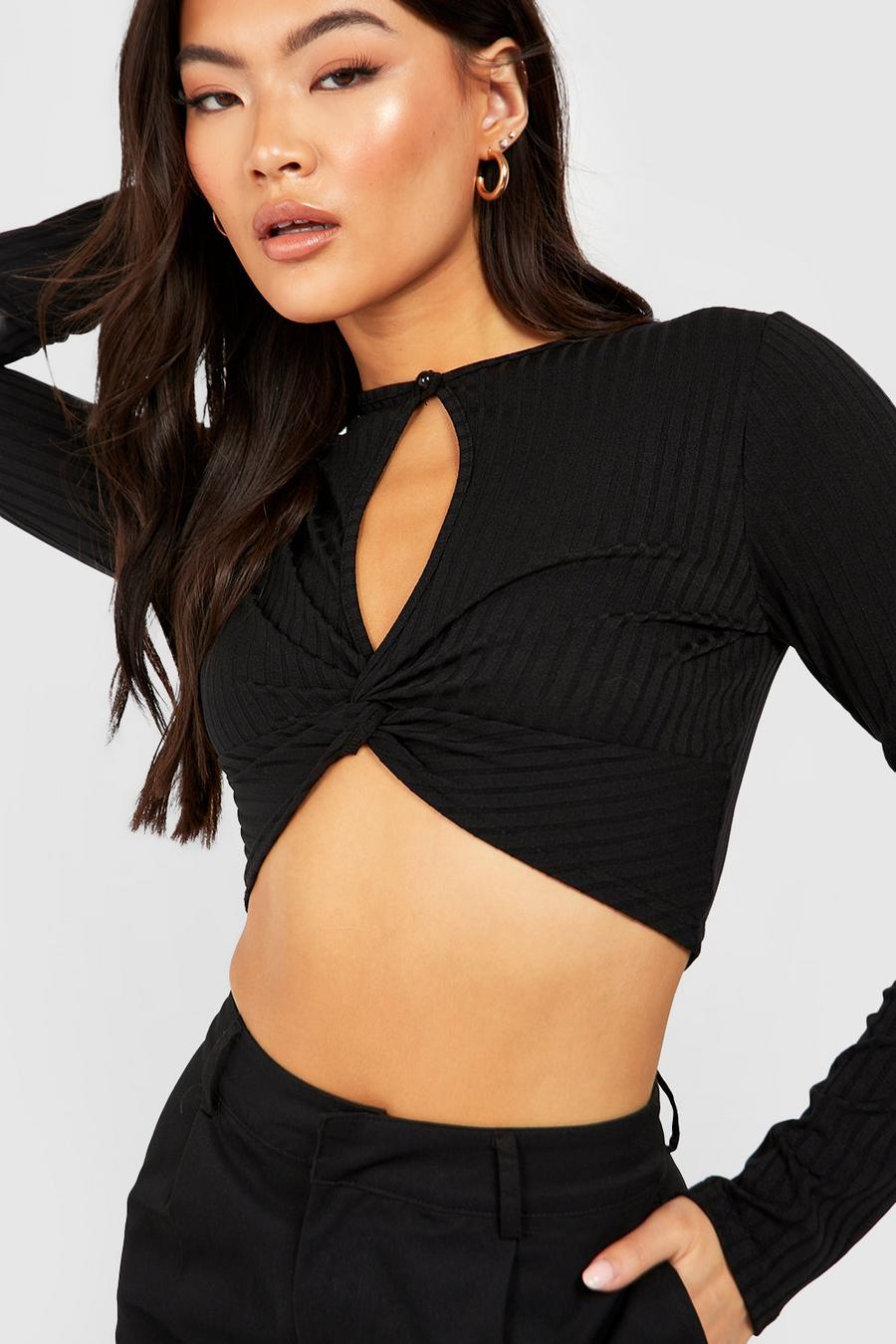 Black Ribbed Long Sleeve Twist Front Keyhole Top image number 1