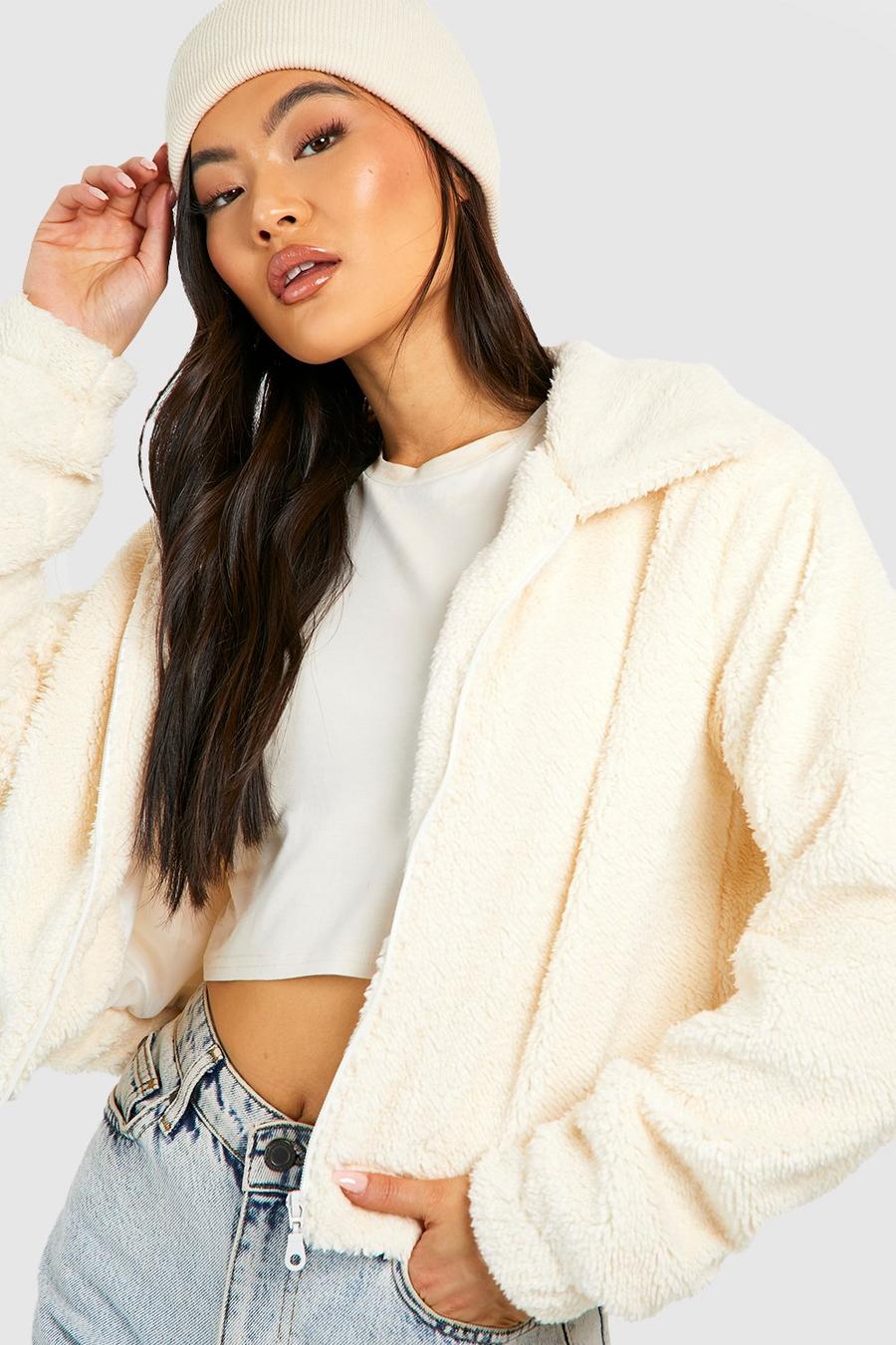 Cream Teddy Faux Fur Bomber Jacket image number 1