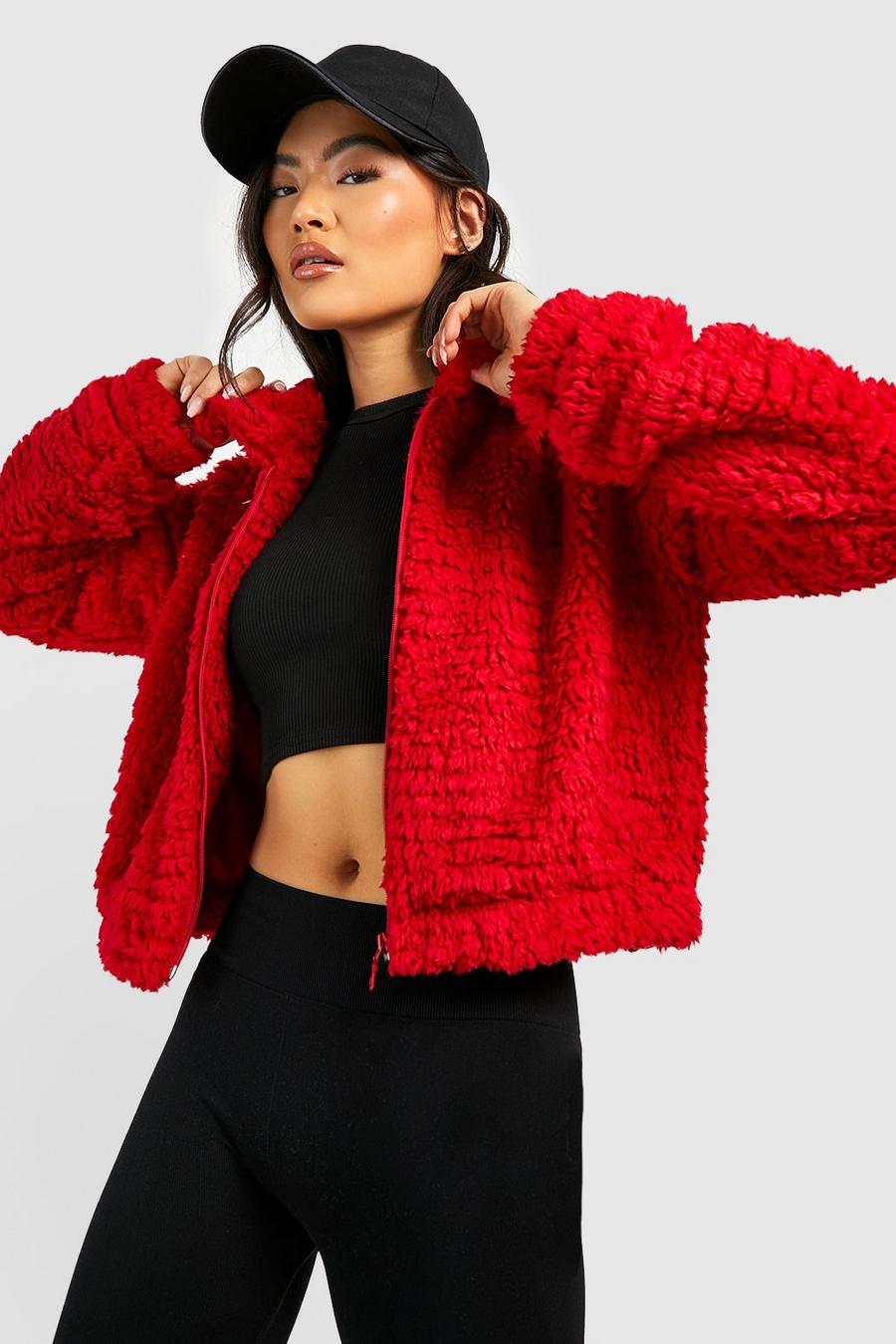 Red Teddy Faux Fur Bomber Jacket image number 1