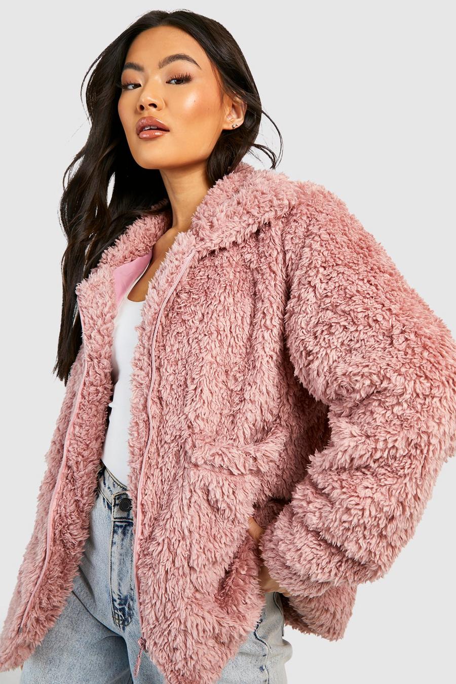 Rose pink Oversized Teddy Faux Fur Jacket image number 1