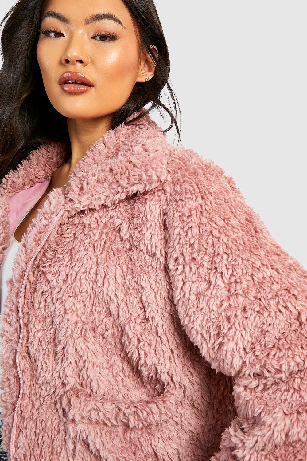 New look fur hot sale coat pink