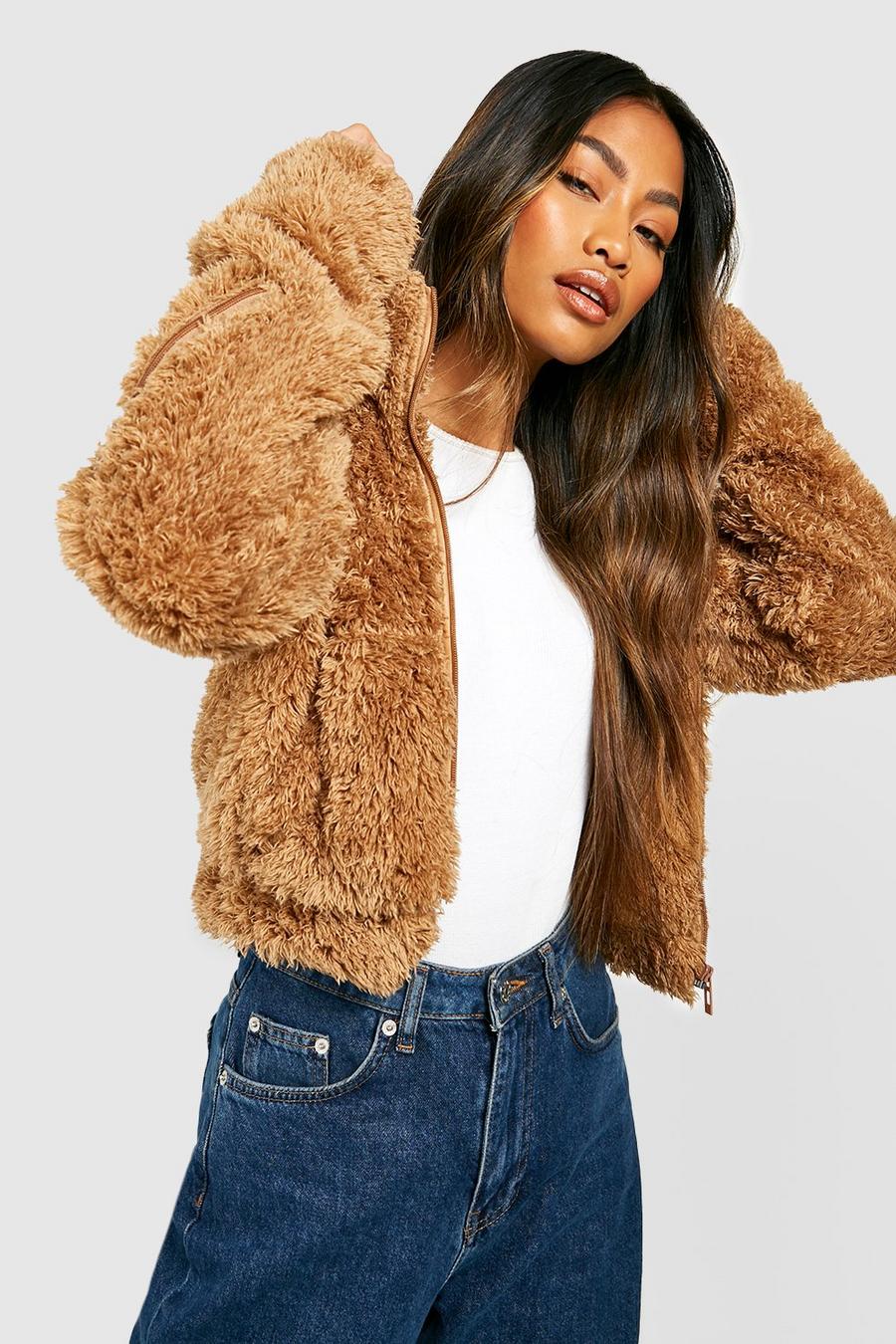 Stone Funnel Neck Teddy Faux Fur Coat image number 1