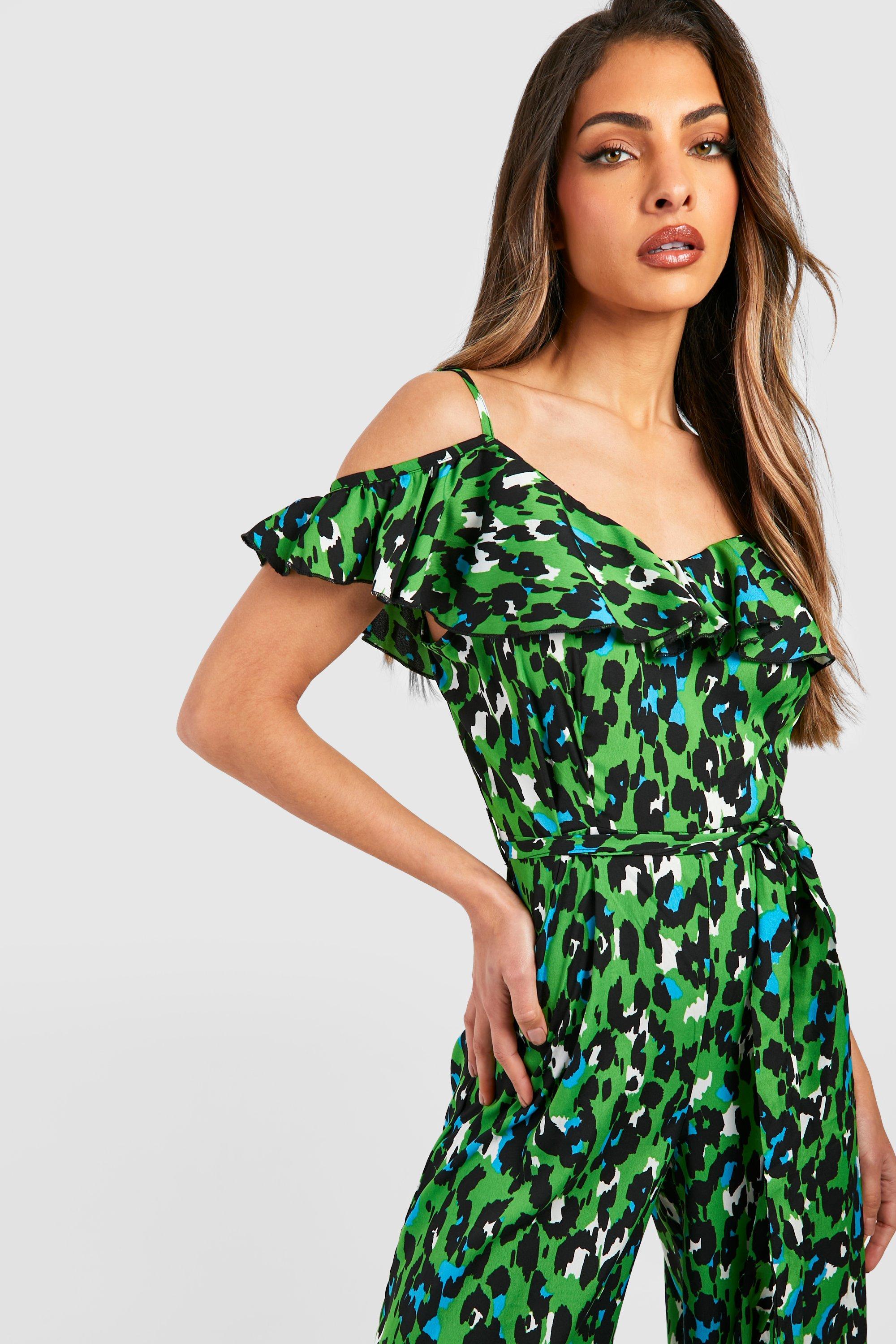 Green cold shoulder store jumpsuit