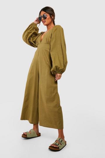 Linen Balloon Sleeve Culotte Jumpsuit khaki