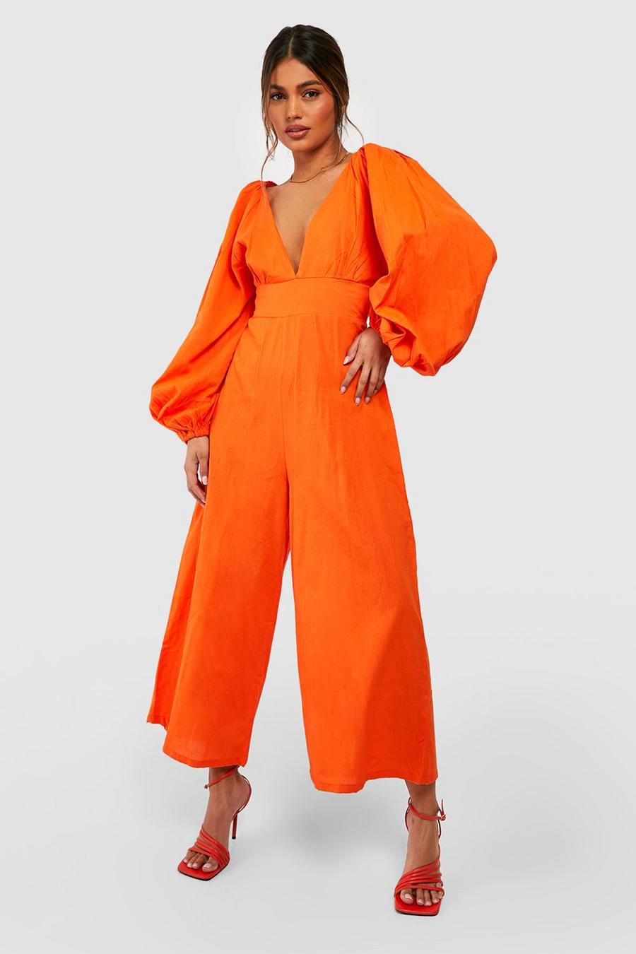 Orange Jumpsuit i linnetyg med ballongärm och vida ben image number 1