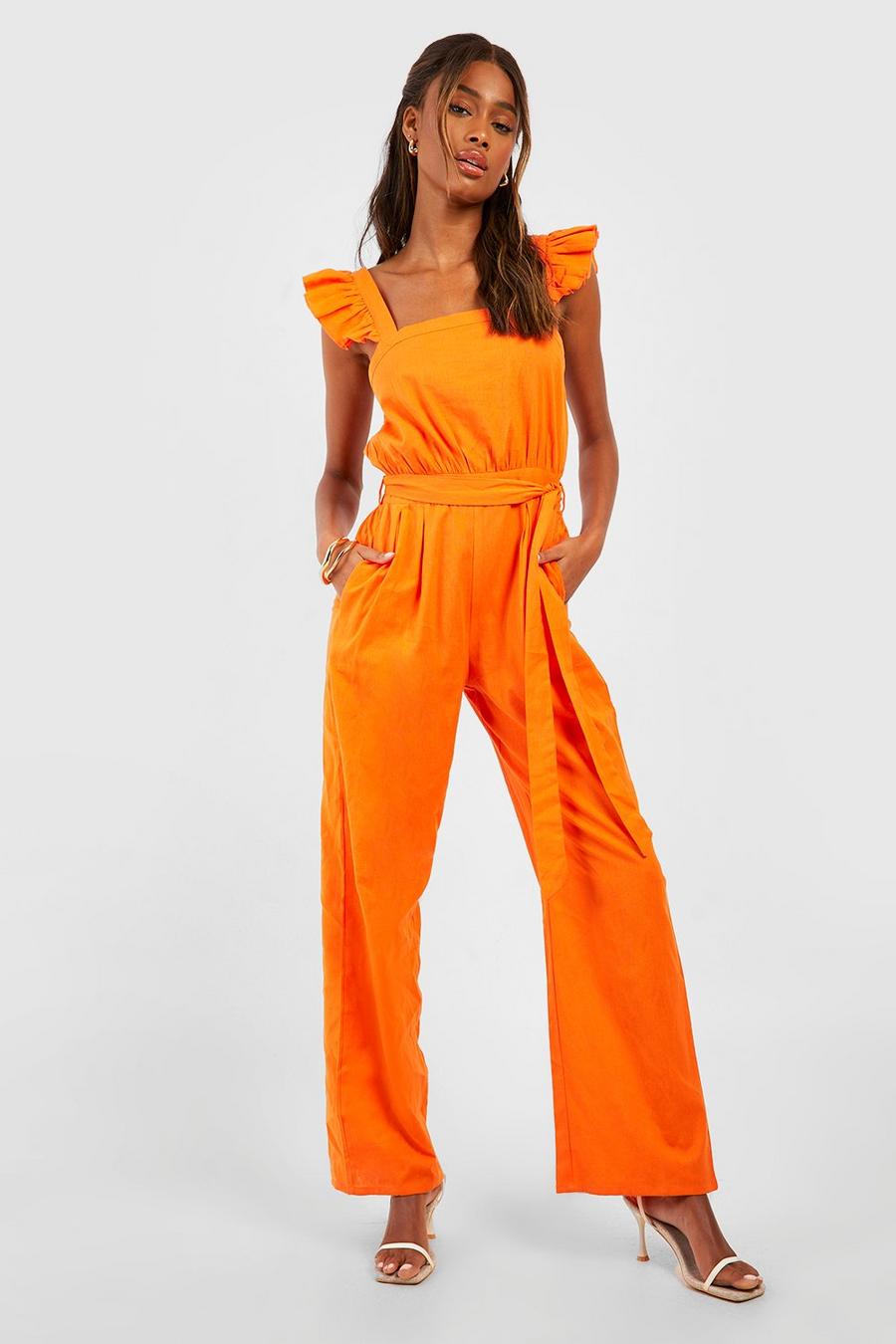 Orange Linen Ruffle Belted Jumpsuit