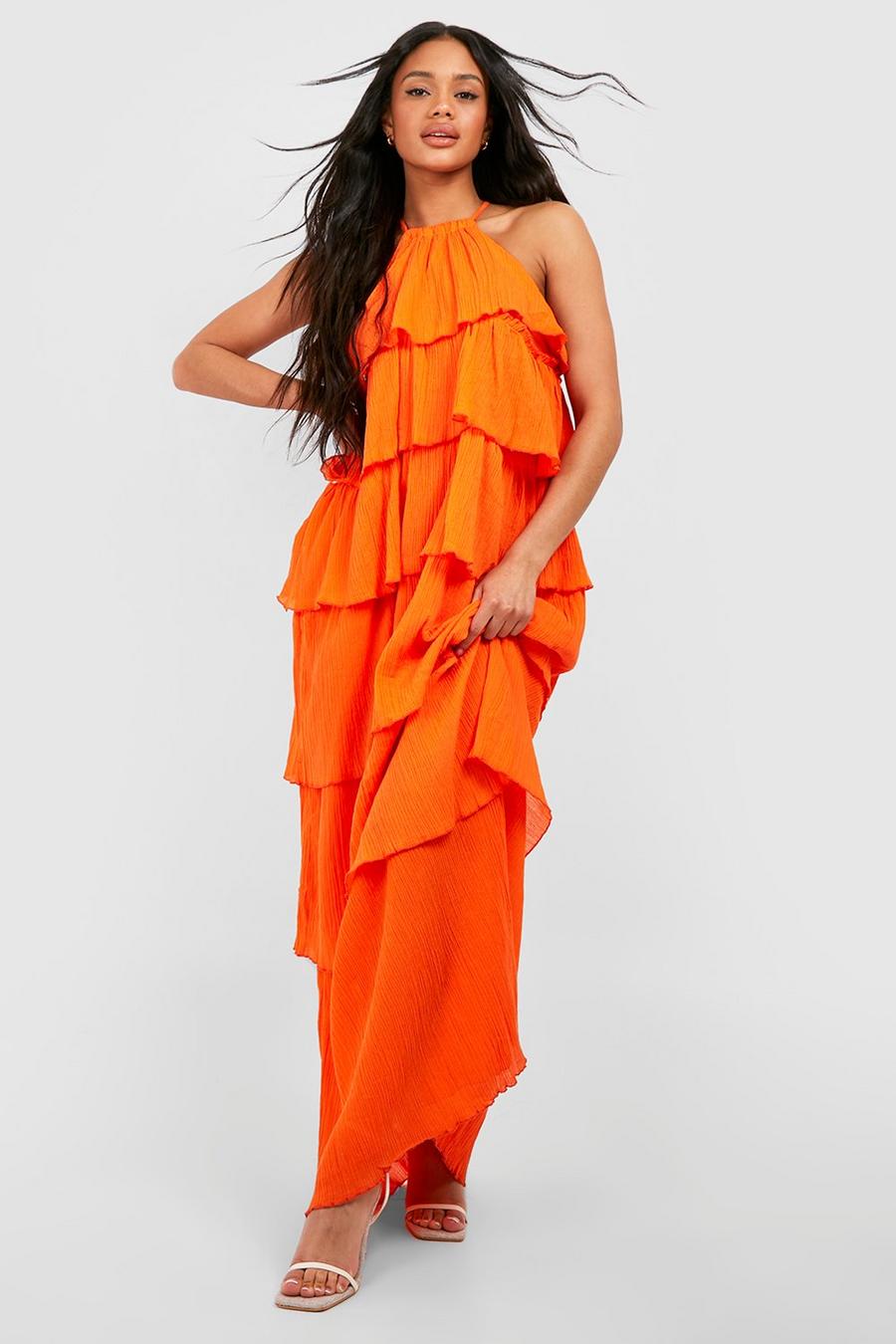 Vestido maxi escalonado de estopilla con volante, Orange image number 1