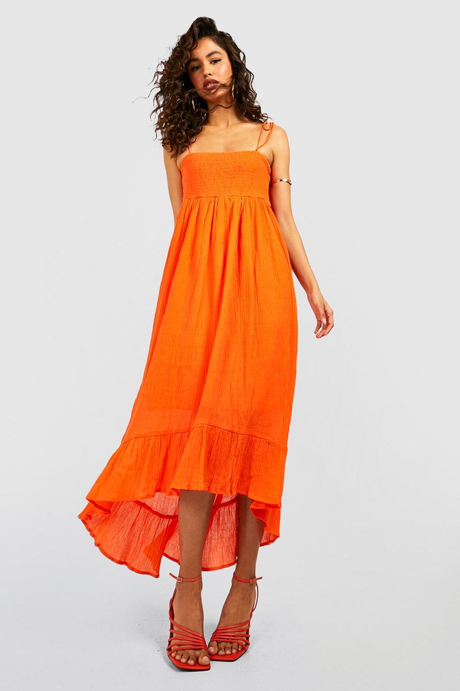 Orange Cheesecloth Shirred Ruffle Midi Dress