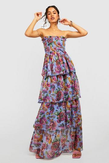 Blue Chiffon Floral Bandeau Maxi Dress