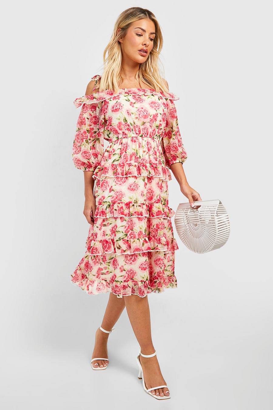 Pink Chiffon Ruffle Floral Midi Dress image number 1