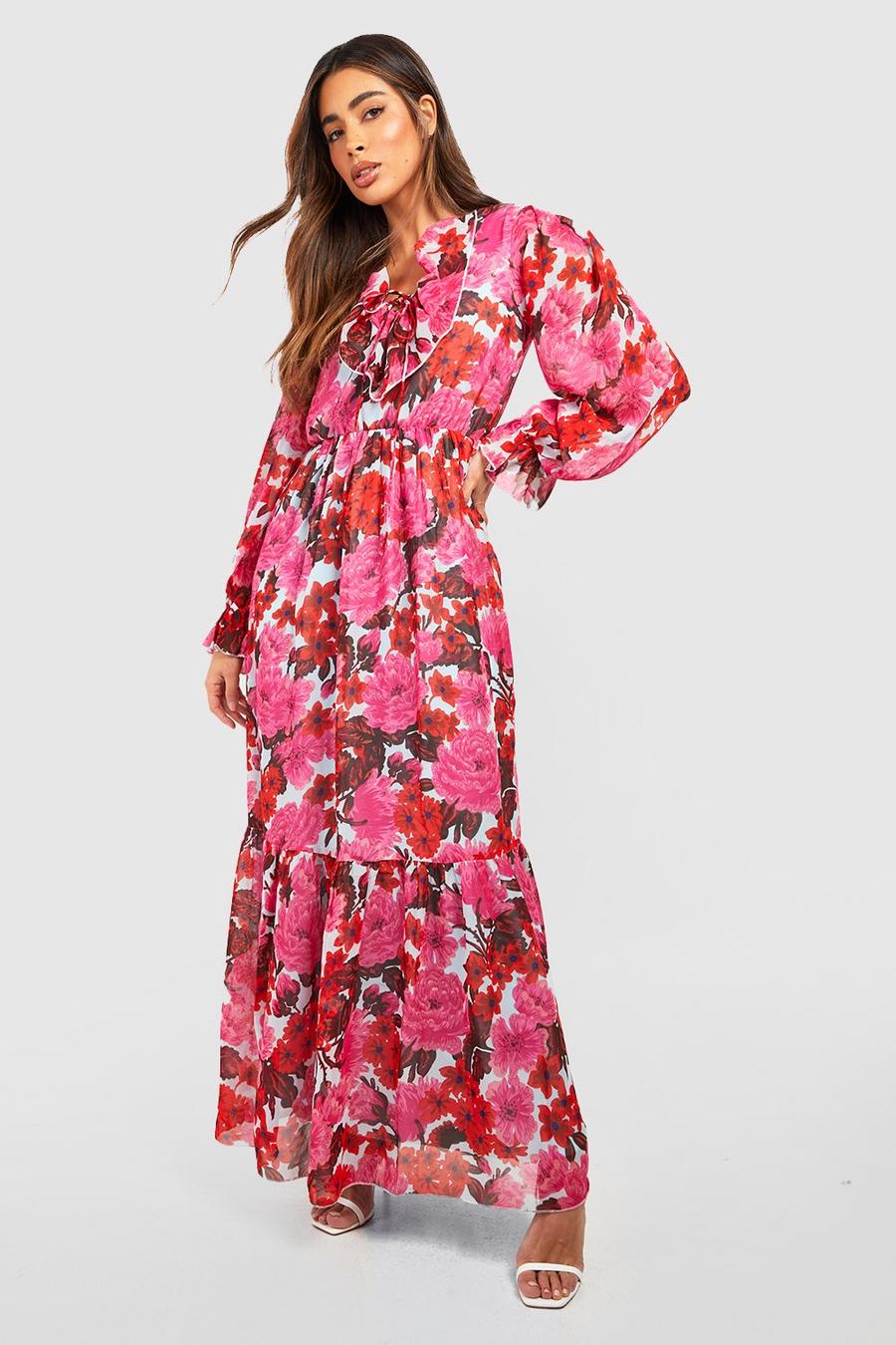 Pink Chiffon Ruffle Floral Maxi Dress
