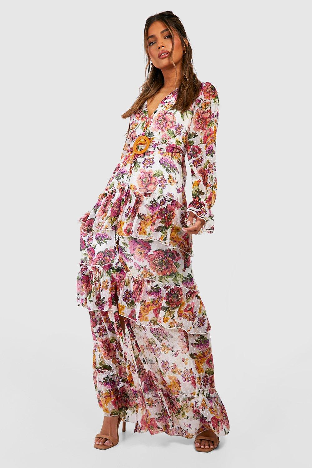 Chiffon Tiered Floral Maxi Dress | Boohoo UK