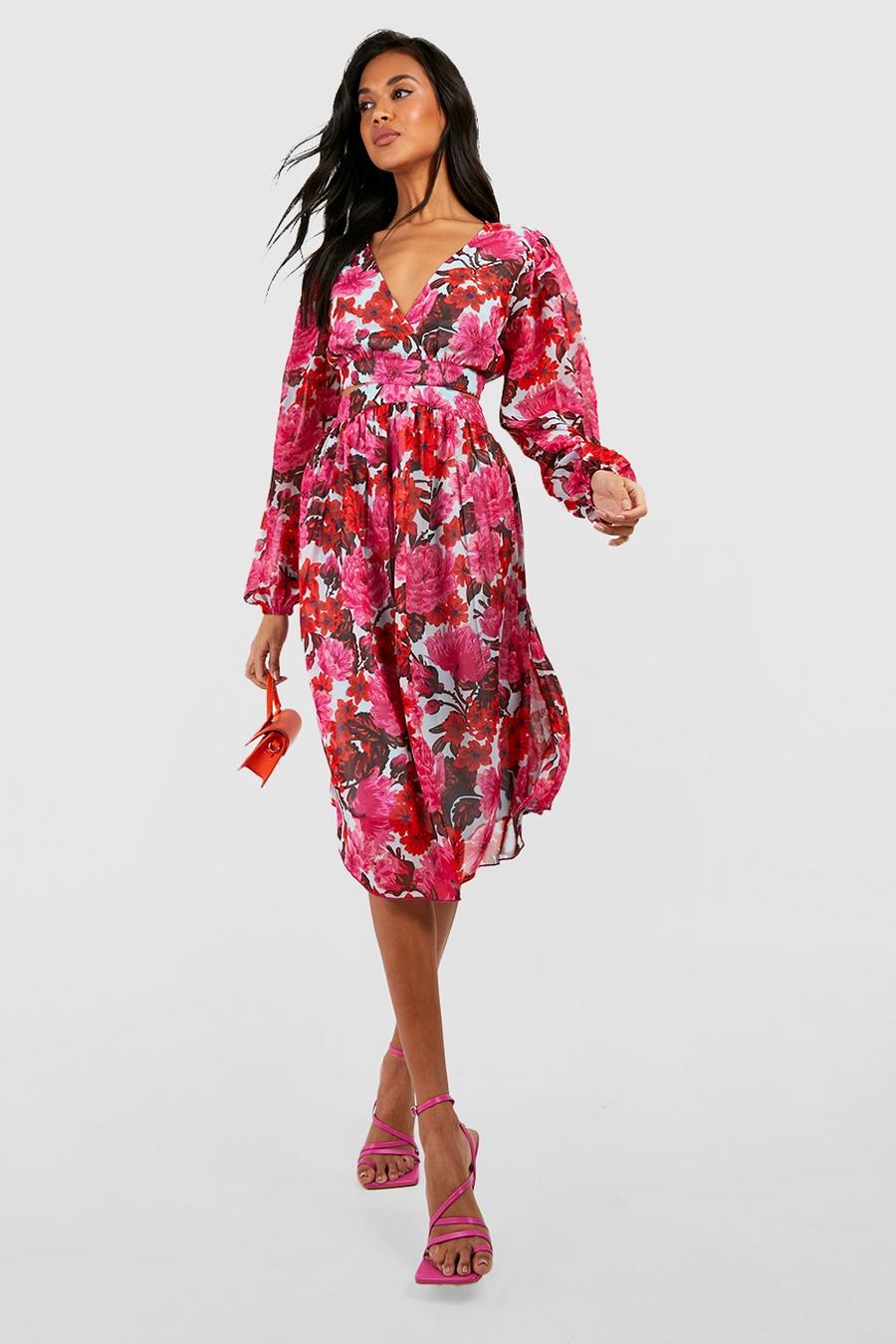Pink Chiffon Floral Cut Out Midi Dress image number 1
