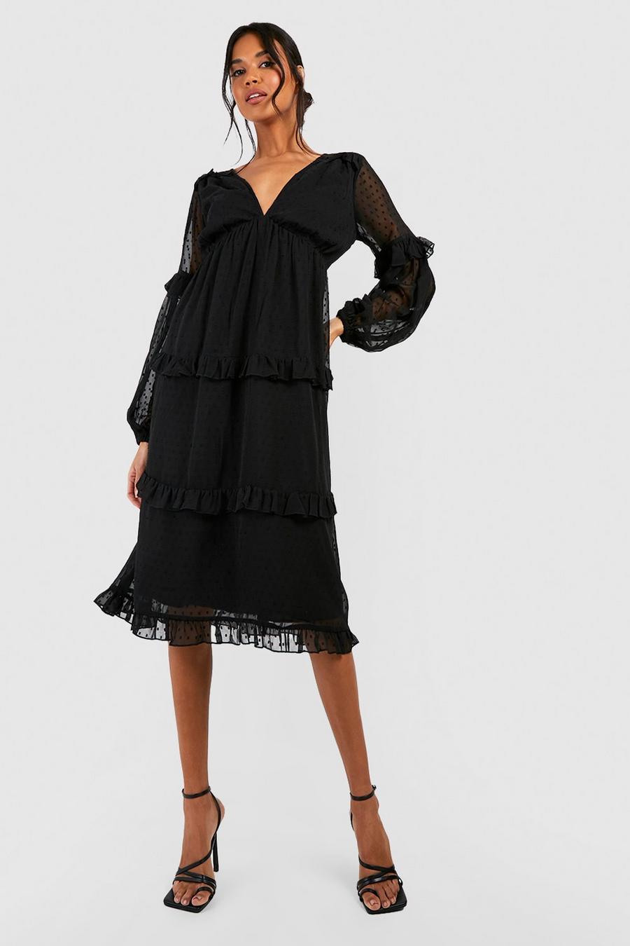 Black Dobby Ruffle Midi Dress image number 1