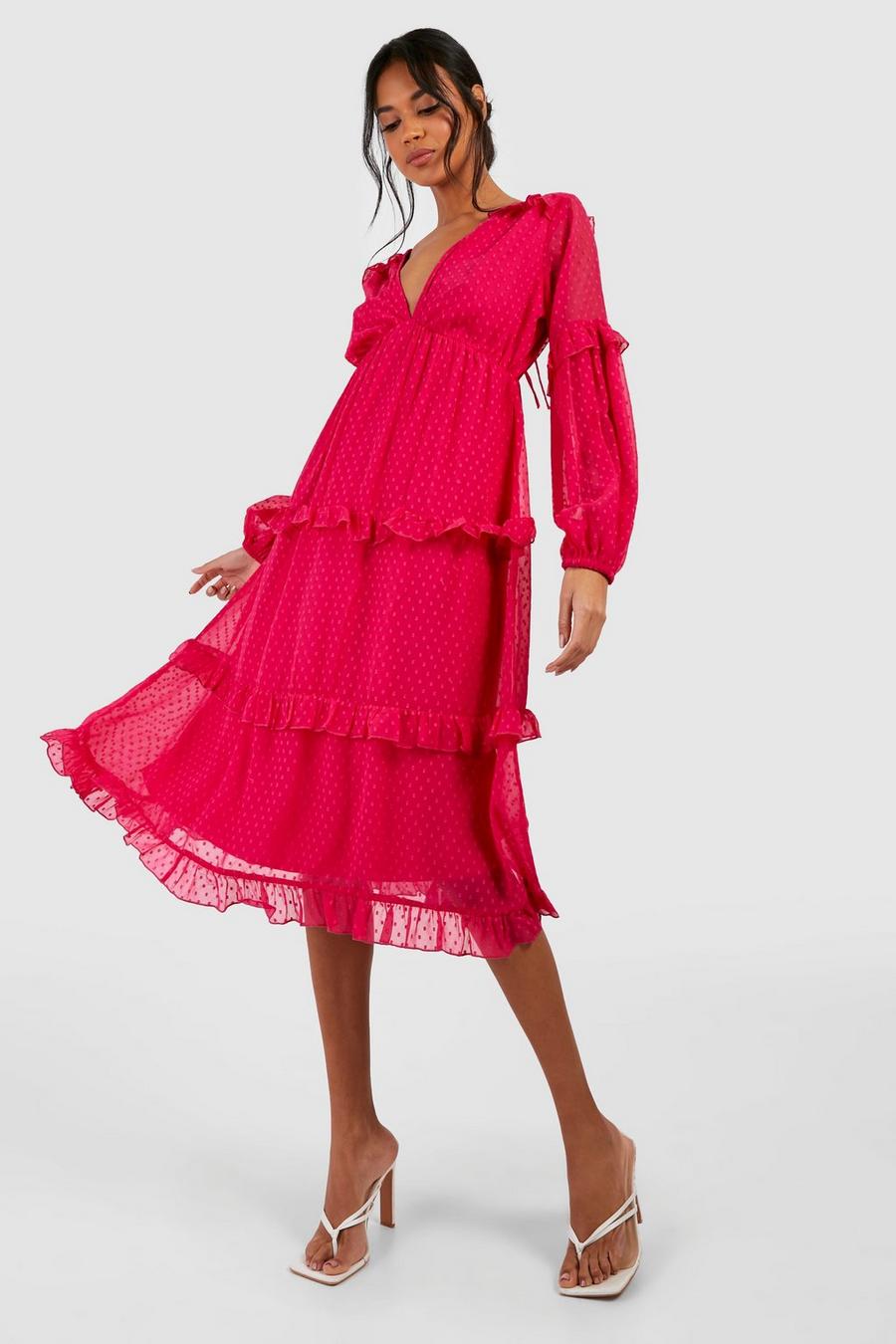 Hot pink Dobby Ruffle Midi Dress