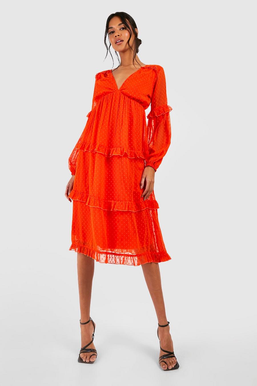 Orange Dobby Ruffle Midi Dress
