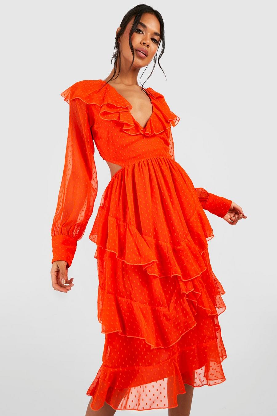 Orange Dobby Ruffle Midi Dress image number 1