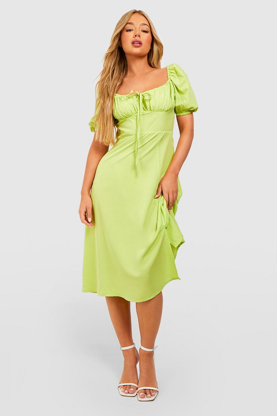 Lime green Puff Sleeve Midi Dress image number 1
